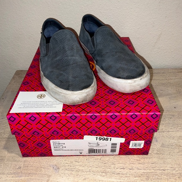TORY BURCH Lennon Slip-On Sneaker Cobra Nubuck Navy Blue Size 9 with box - Picture 1 of 10